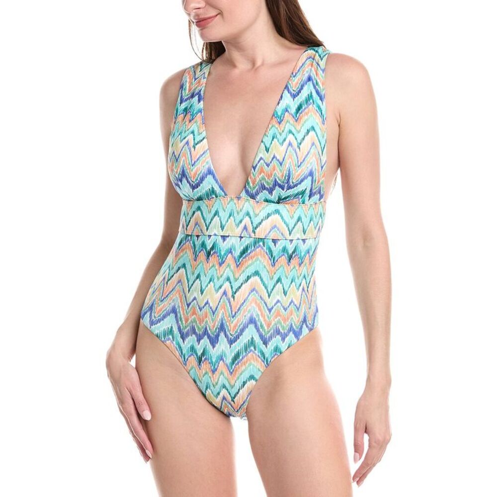Milly Womens  Tropical Chevron V-Neck One-Piece, Blue